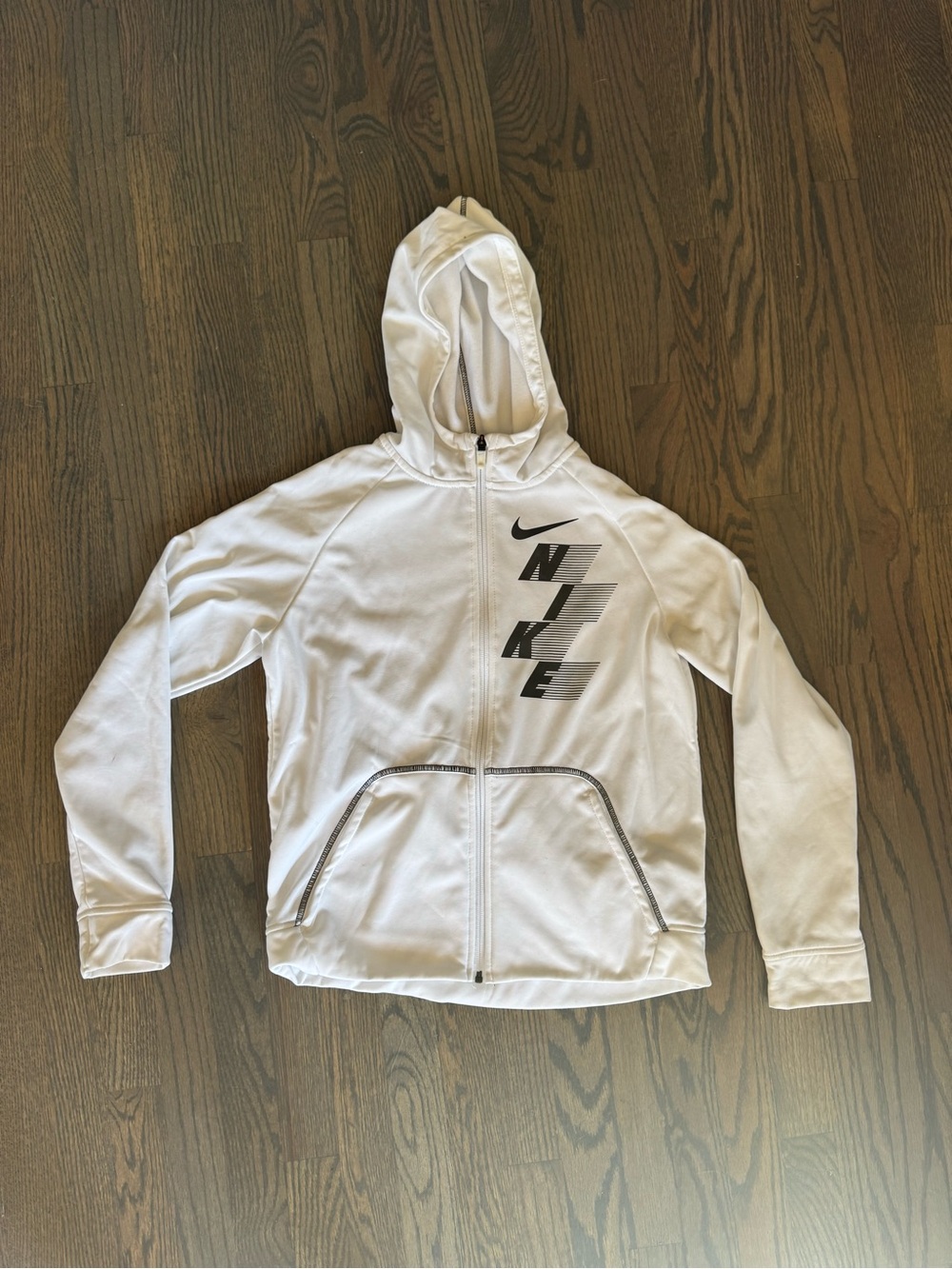 Nike Kids White Full‑Zip Hoodie with Black Logo